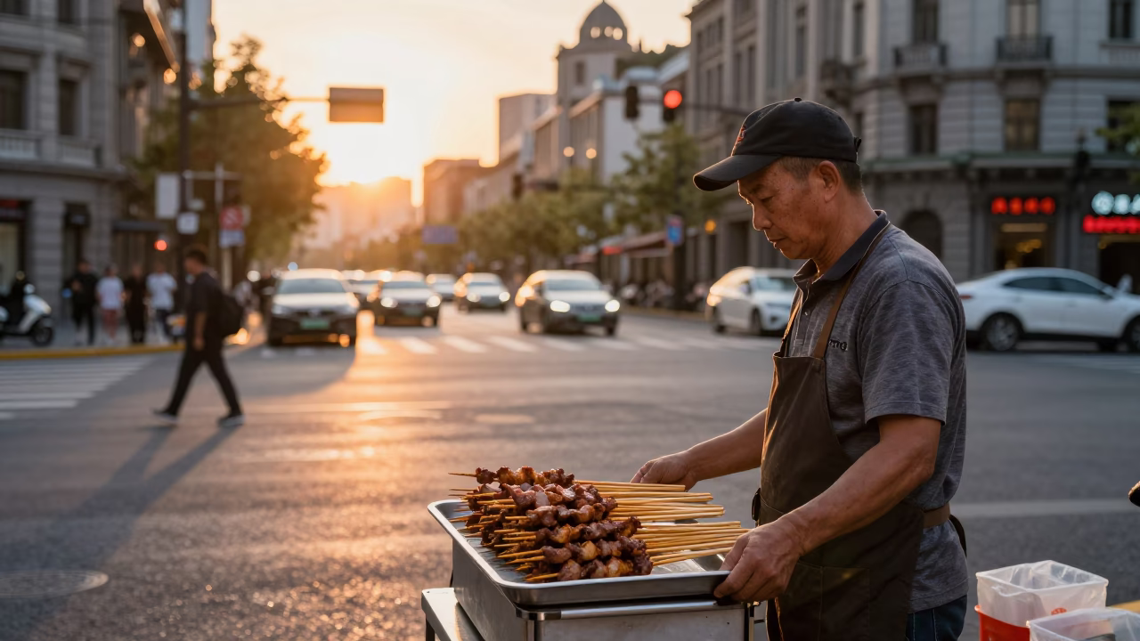 Shanghai street food vendor at sunset with satay skewers and peanut sauce in in Shanghai, China
