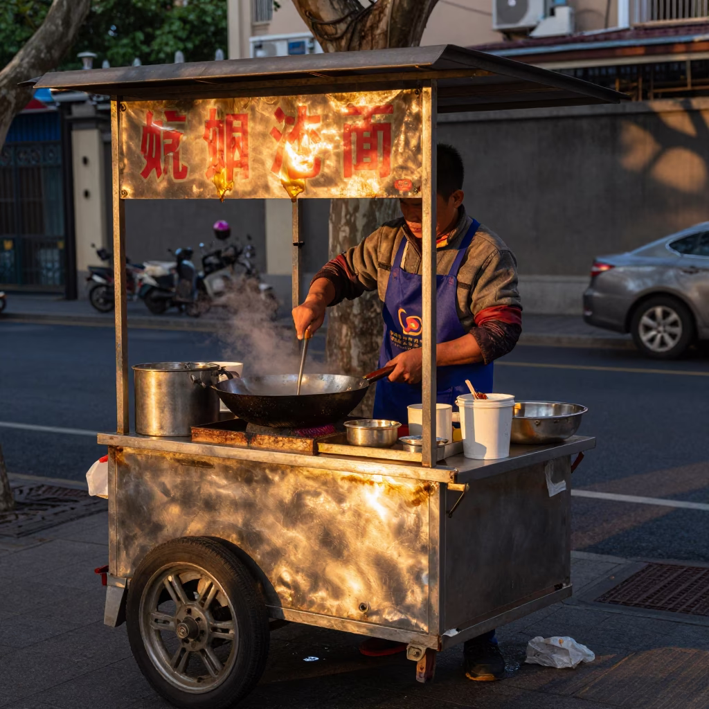 Shanghai Street Food Vendor Cooking at Dusk with Apron and Cooking Utensils in in Shanghai, China