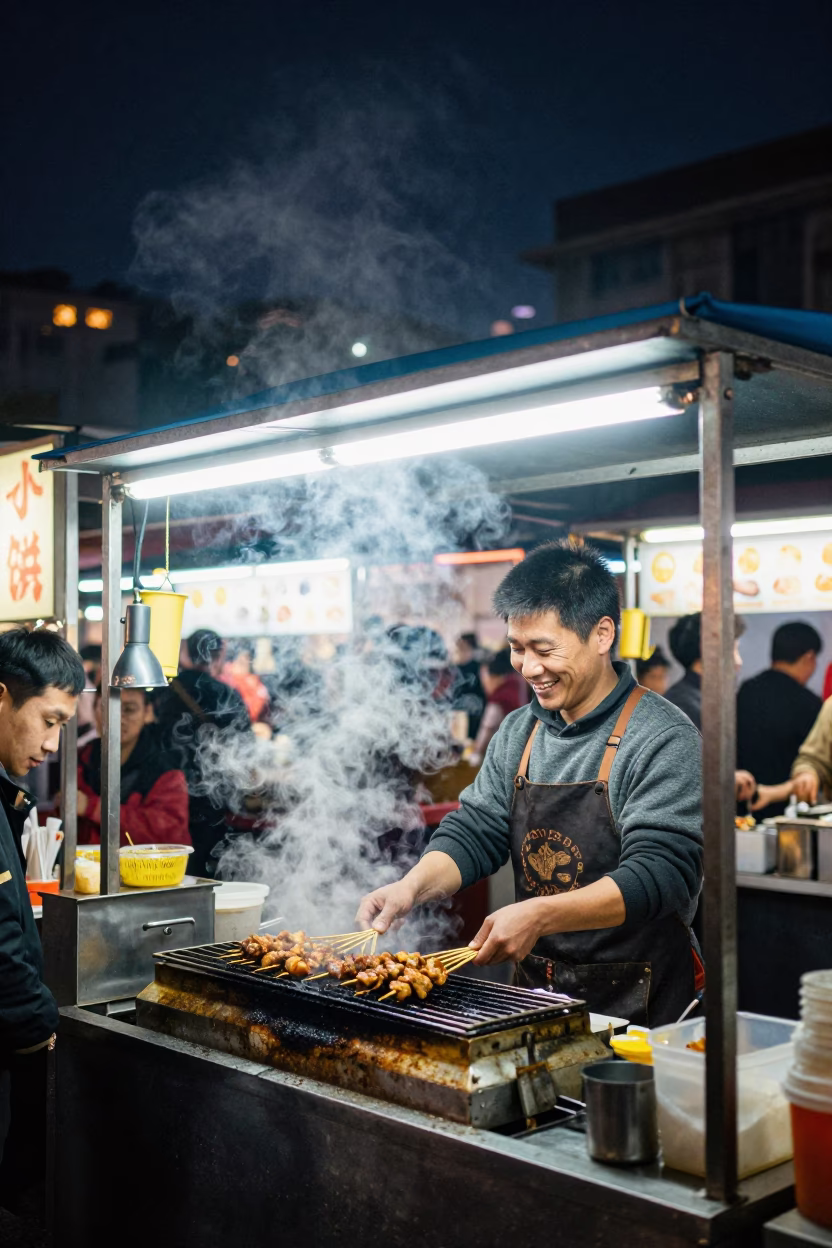 Shanghai Street Food Vendor Night Market Scene with Steam and Local Customers in in Shanghai, China