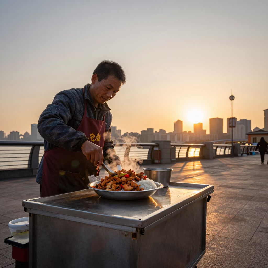 Shanghai street food vendor preparing chicken adobo with rice at sunset in in Shanghai, China