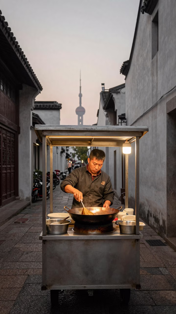 Shanghai street food vendor preparing noodles with copper-toned dusk light in in Shanghai, China