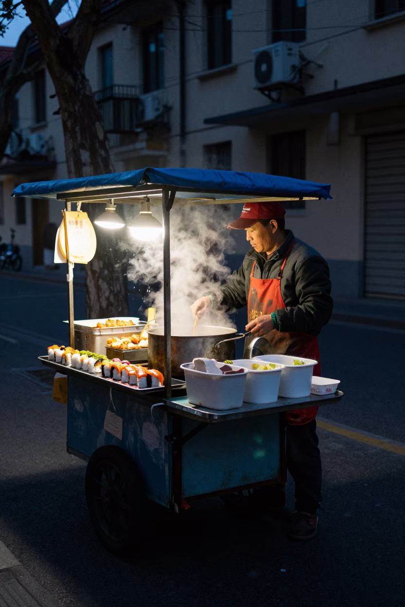 Shanghai street food vendor selling sushi and coq au vin in predawn darkness in in Shanghai, China