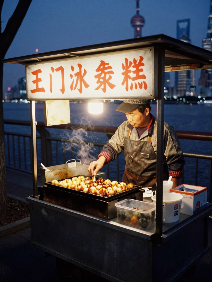 Shanghai street food vendor selling takoyaki with sauce at blue hour in in Shanghai, China