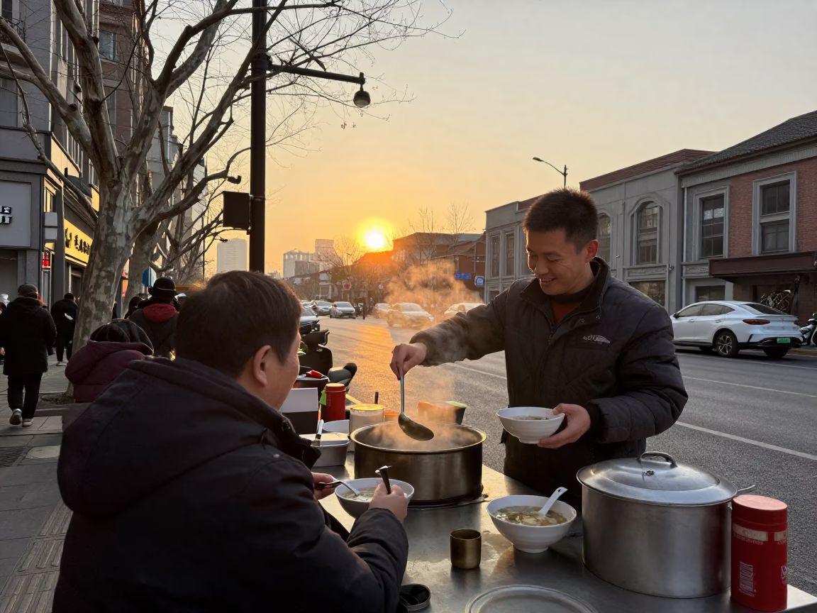 Shanghai street food vendor serving hot soup bowls at sunset with traditional architecture in in Shanghai, China