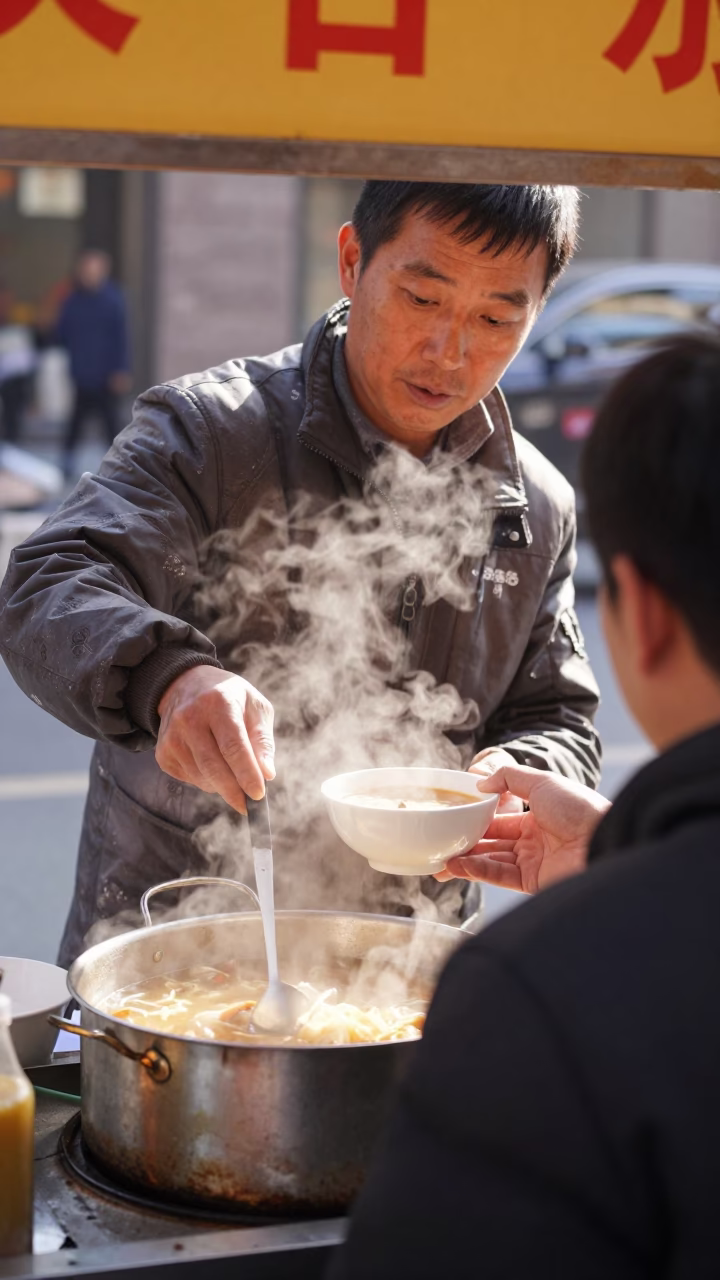 Shanghai Street Food Vendor Serving Miso Soup to Customer at Midday in in Shanghai, China
