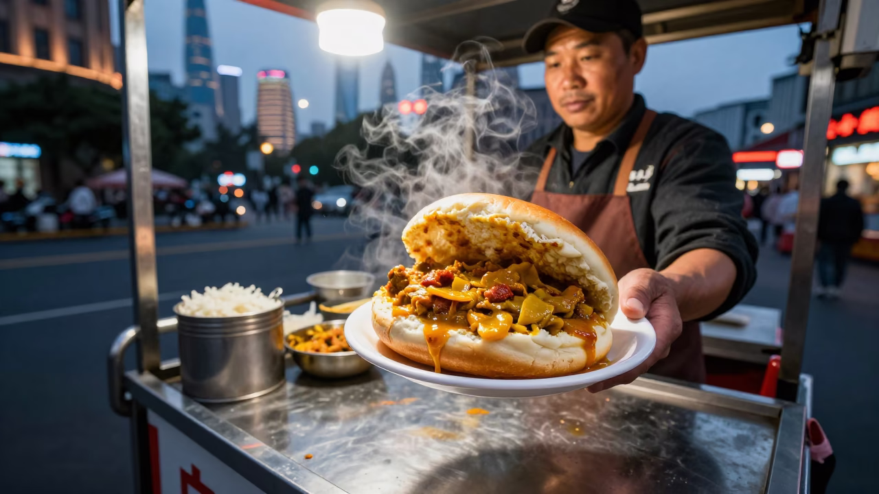 Shanghai street food vendor serving spicy curry bun with steam rising at dusk in in Shanghai, China