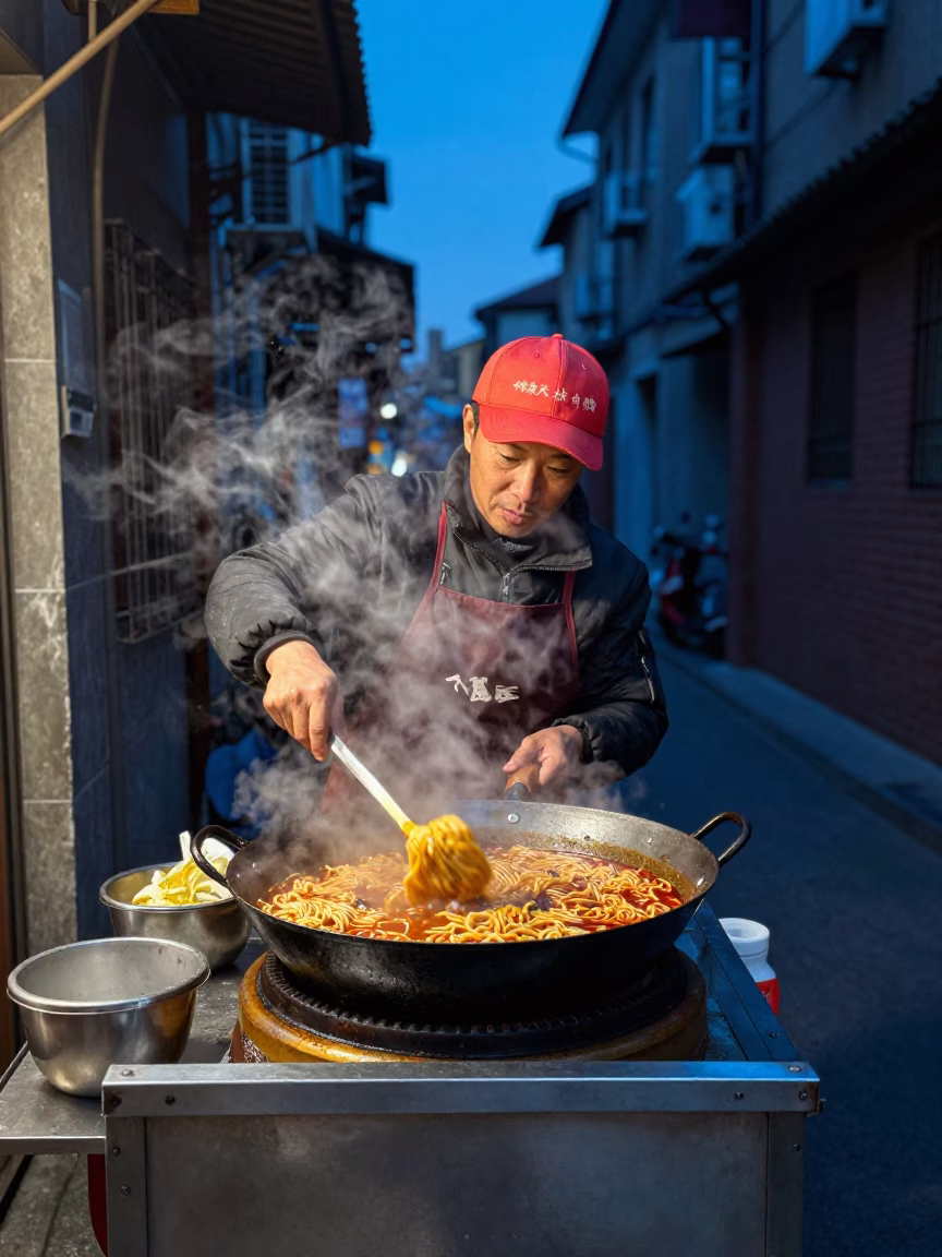 Shanghai street food vendor serving spicy tantanmen ramen in indigo twilight in in Shanghai, China