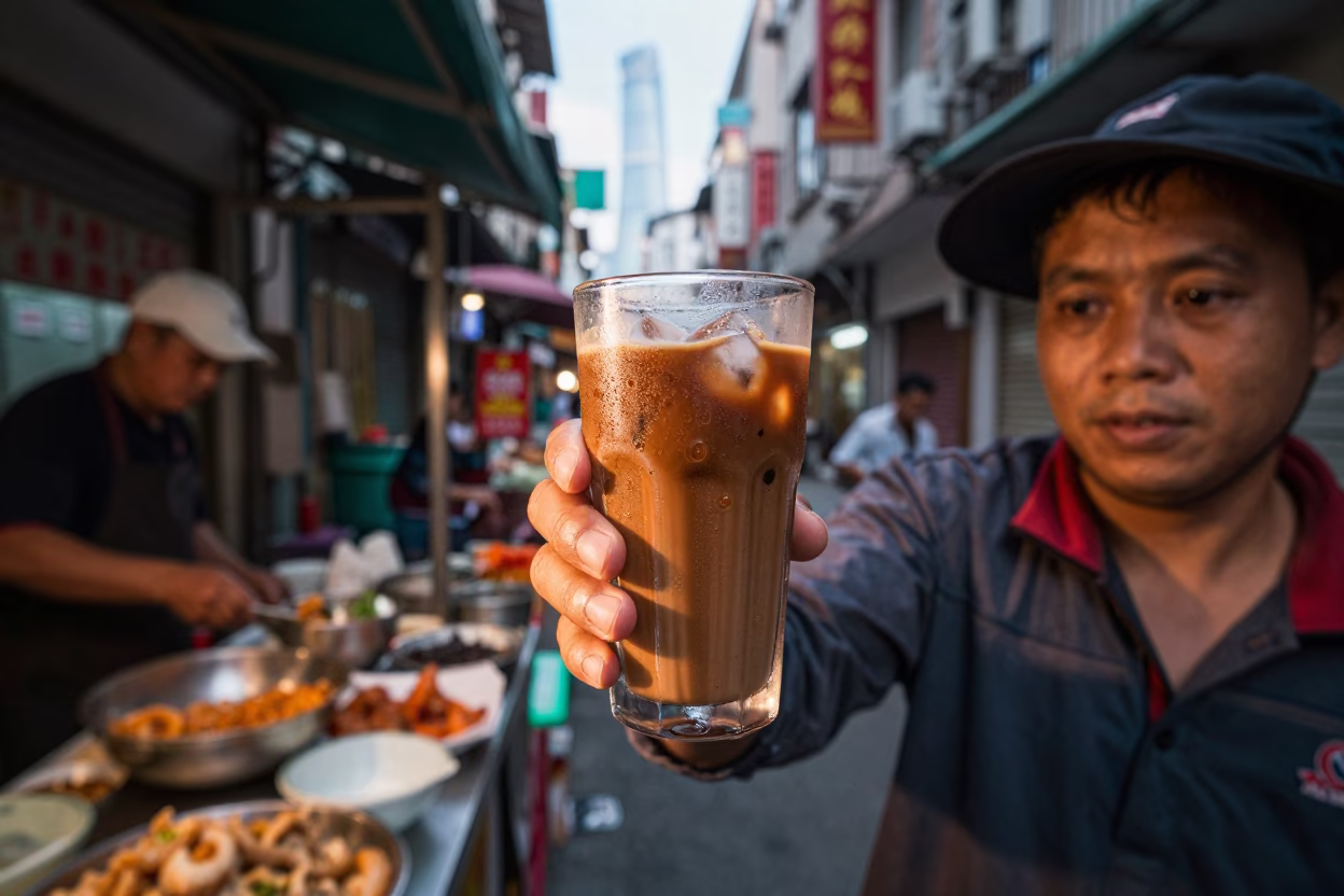 Shanghai street food vendor serving Vietnamese iced coffee in honeyed evening light in in Shanghai, China