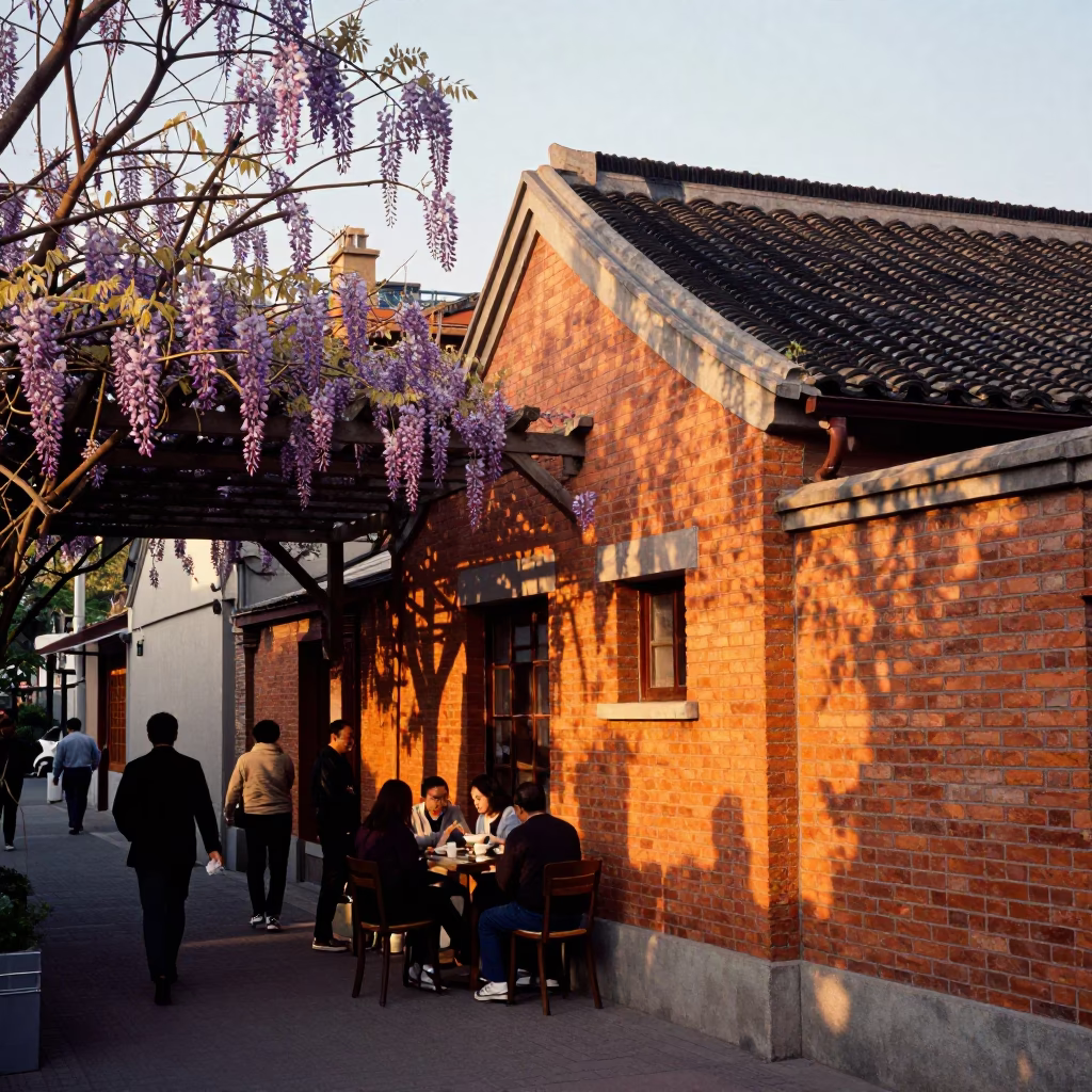 Shanghai Street Life at Golden Hour with Wisteria Pergola and Local Dining Scene in in Shanghai, China