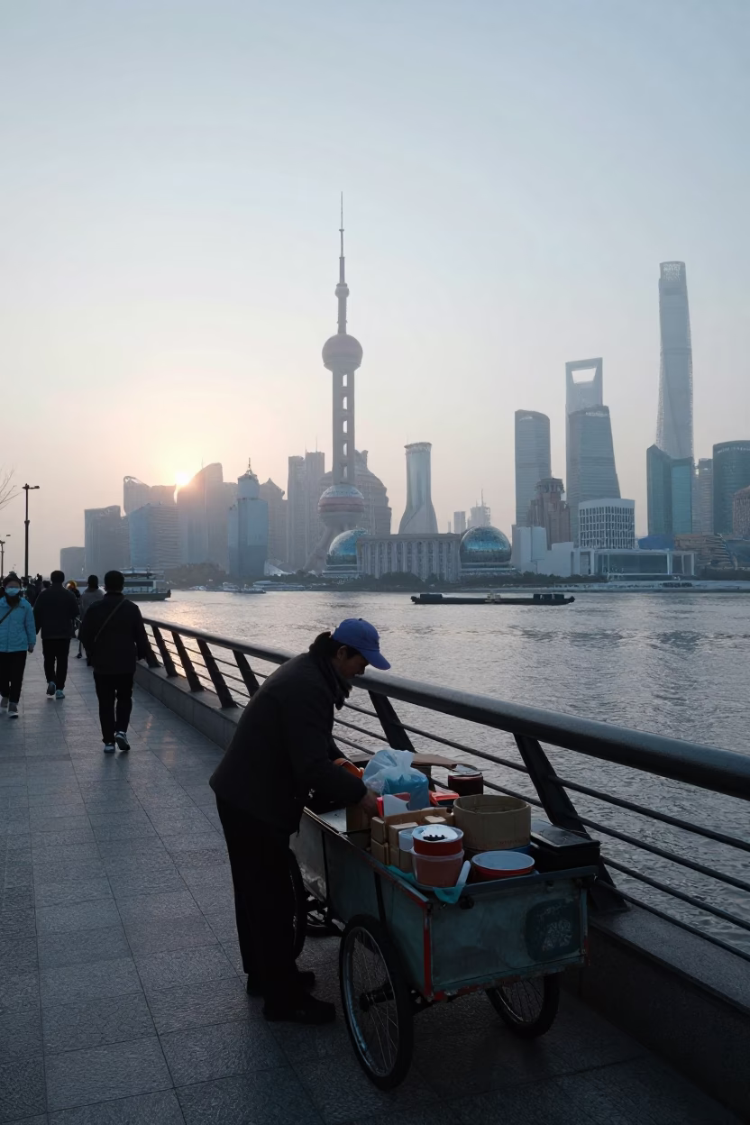 Shanghai Street Life at Nautical Dawn with Sunlight and Calligraphy Brush in in Shanghai, China