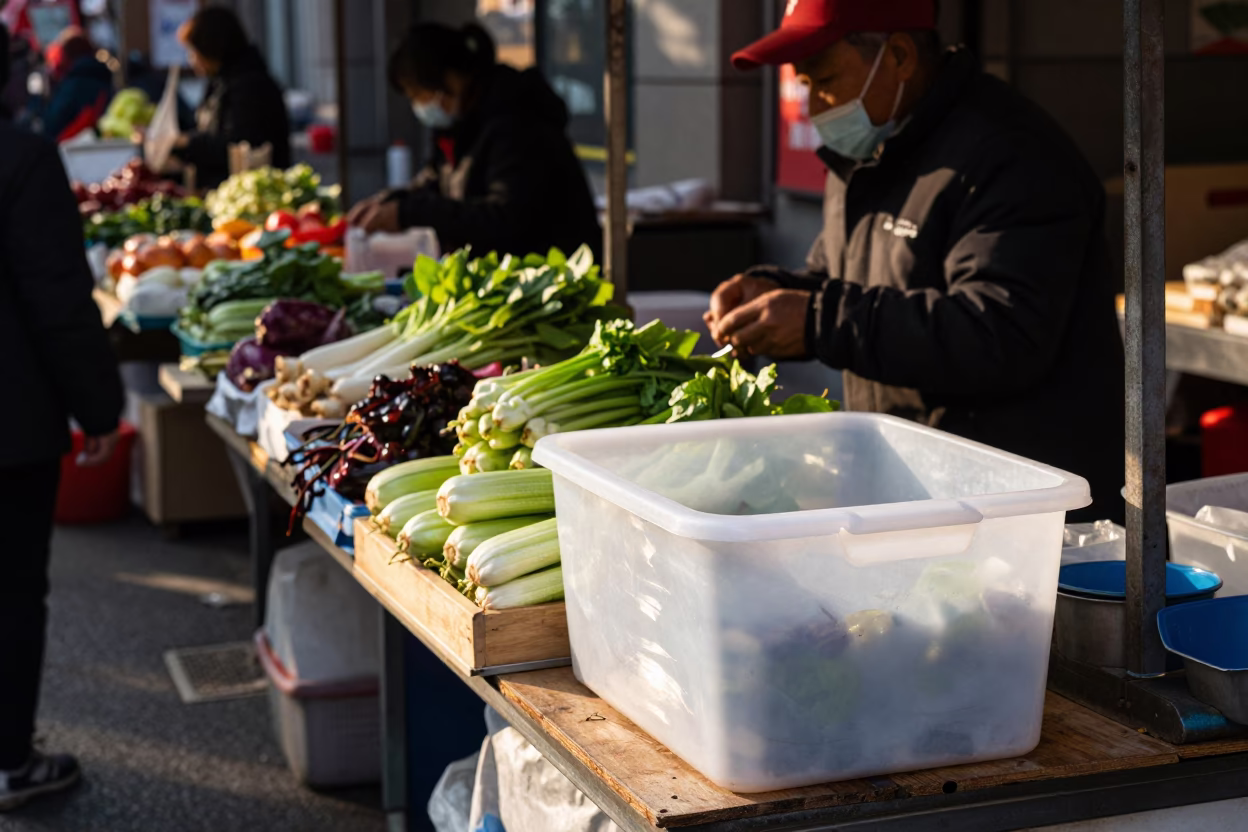 Shanghai Street Market Late Morning Vendor Displaying Fresh Vegetables and Storage Containers in in Shanghai, China
