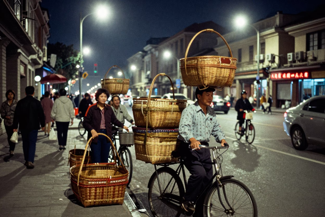 Shanghai Street Night 1970s Woven Baskets and Busy Midnight Traffic in in Shanghai, China