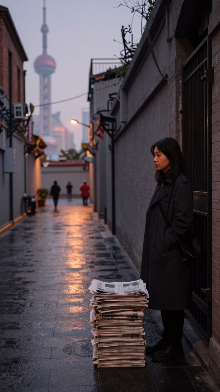 Shanghai street photographer at dawn with newspaper stack and wet pavement reflections in in Shanghai, China