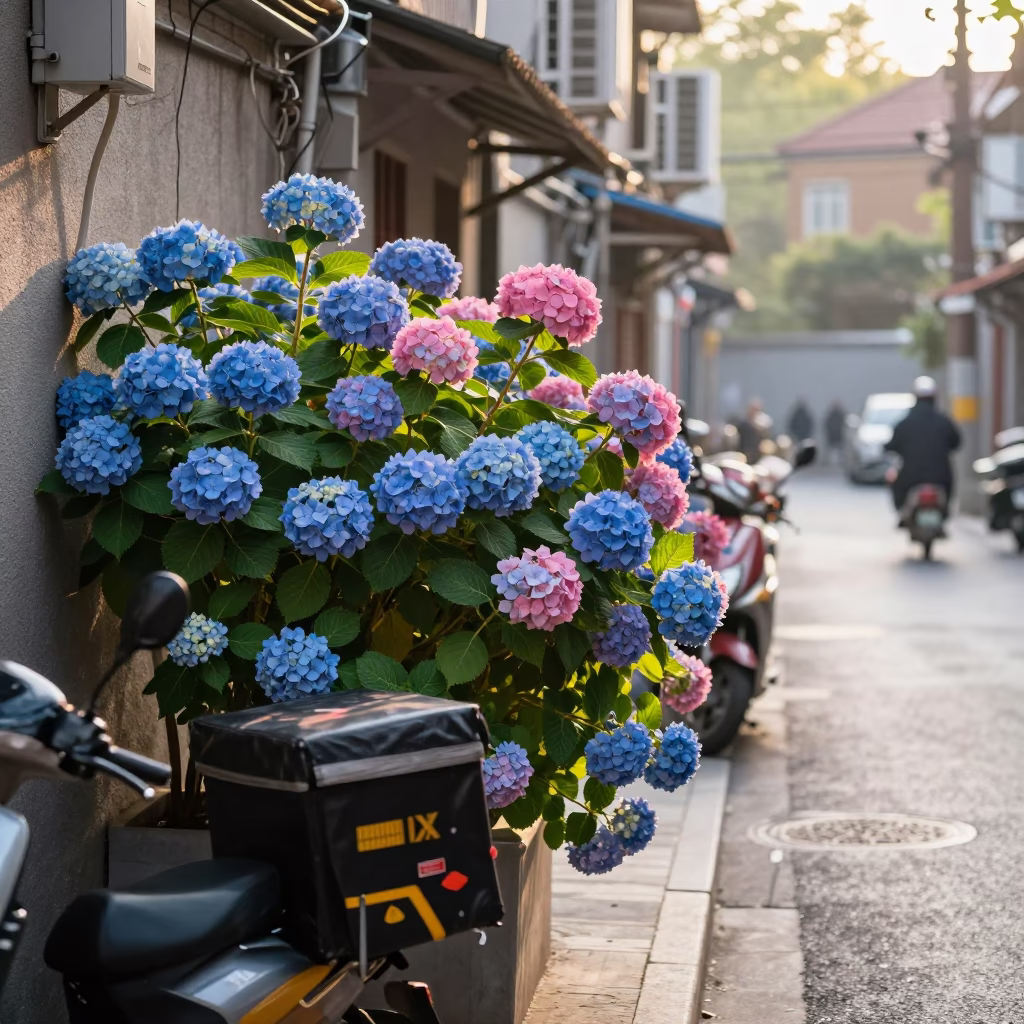 Shanghai Street Scene After Sunrise with Hydrangea Bush and Urban Details in in Shanghai, China