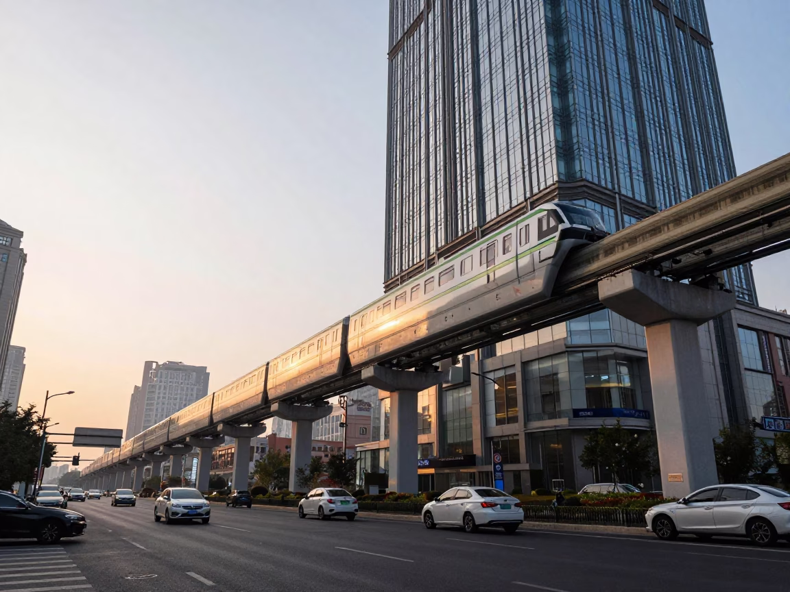 Shanghai Street Scene After Sunrise with Monorail Reflection in Glass Skyscraper in in Shanghai, China