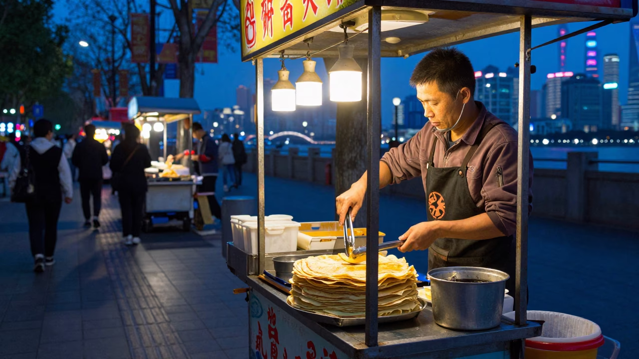 Shanghai street scene at blue hour with neon lights and food vendor in in Shanghai, China