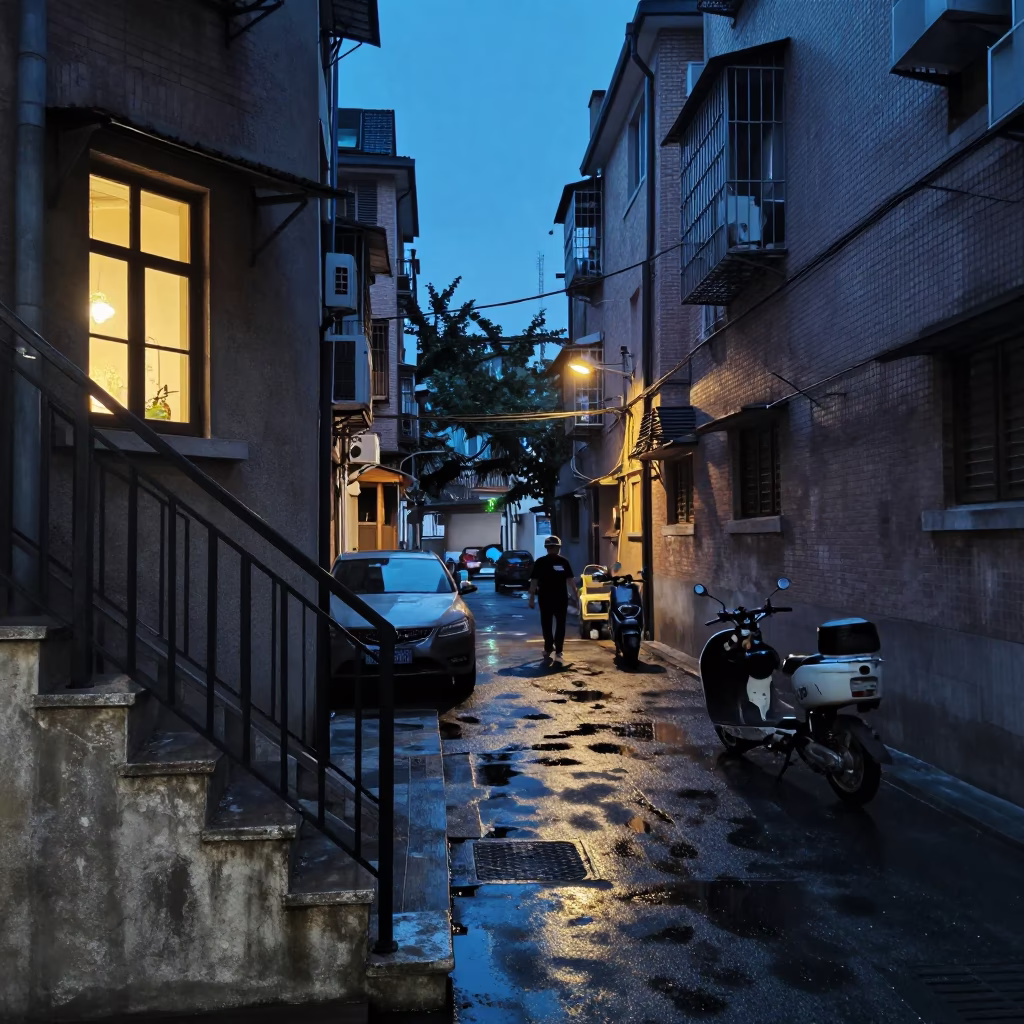 Shanghai street scene at blue hour with stair rail and local life in in Shanghai, China