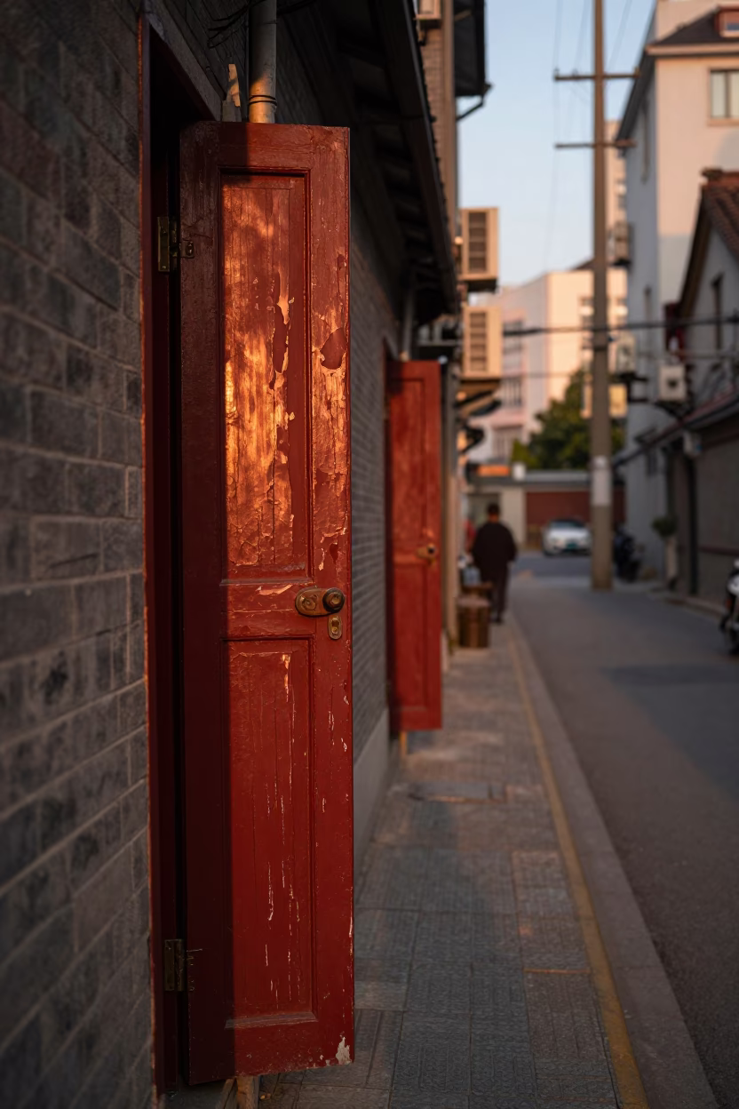 Shanghai Street Scene at Copper-toned Light Before Dusk in in Shanghai, China