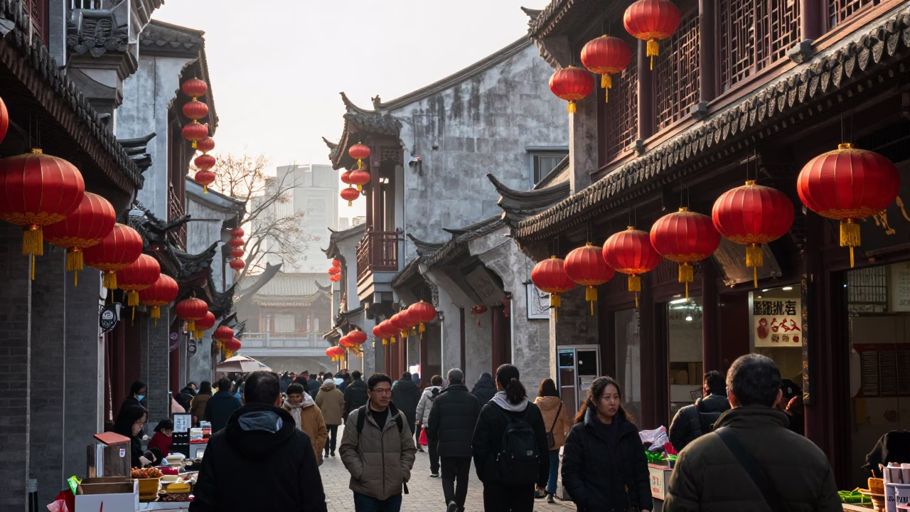 Shanghai street scene at dawn with lanterns and busy morning activity in in Shanghai, China