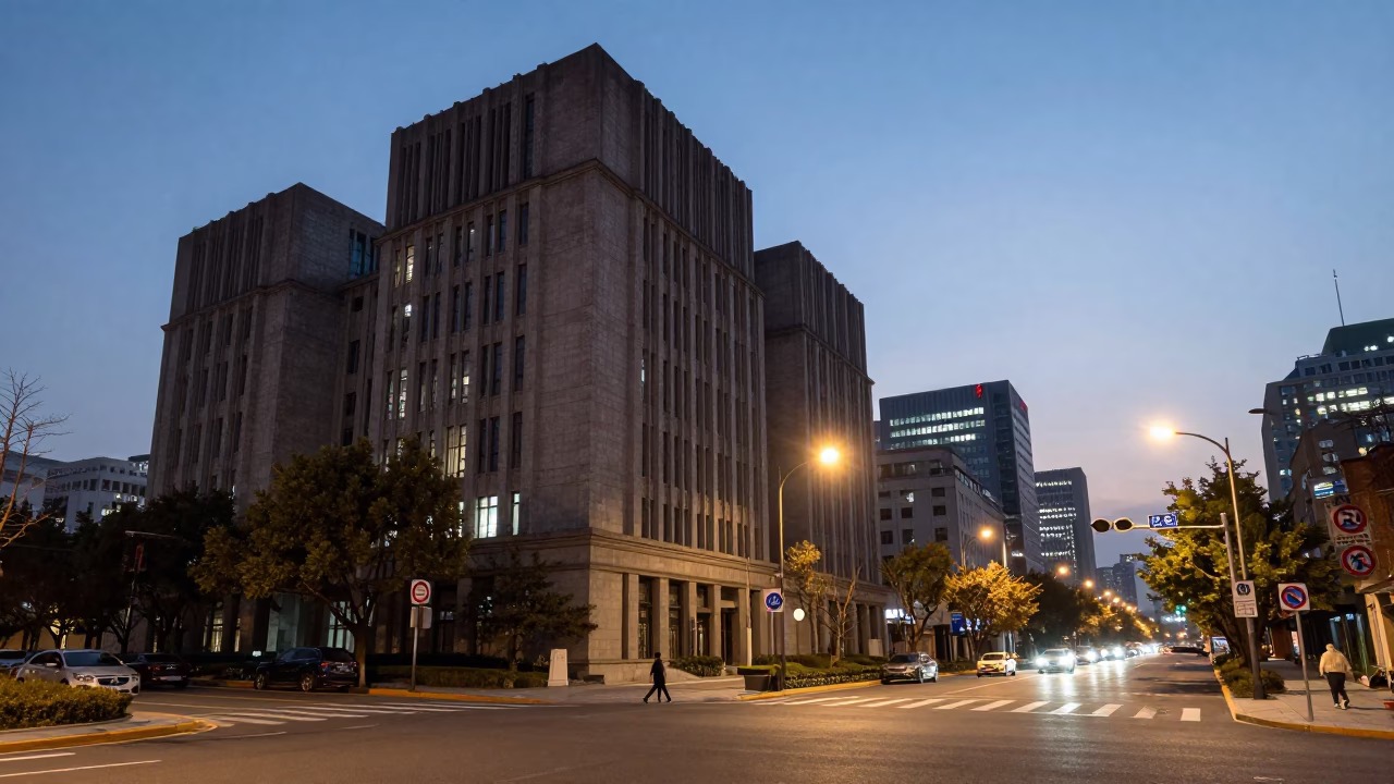 Shanghai street scene at dusk with brutalist university building and neon lights in in Shanghai, China