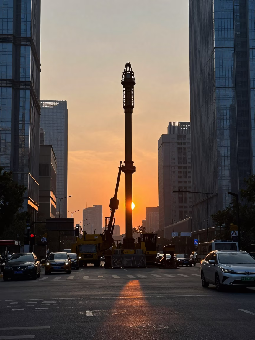 Shanghai Street Scene at Dusk with Construction Pile Driver and Urban Life in in Shanghai, China