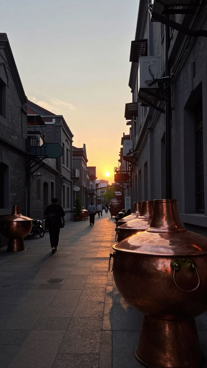 Shanghai Street Scene at Dusk with Copper Pots and Vintage Radio in in Shanghai, China