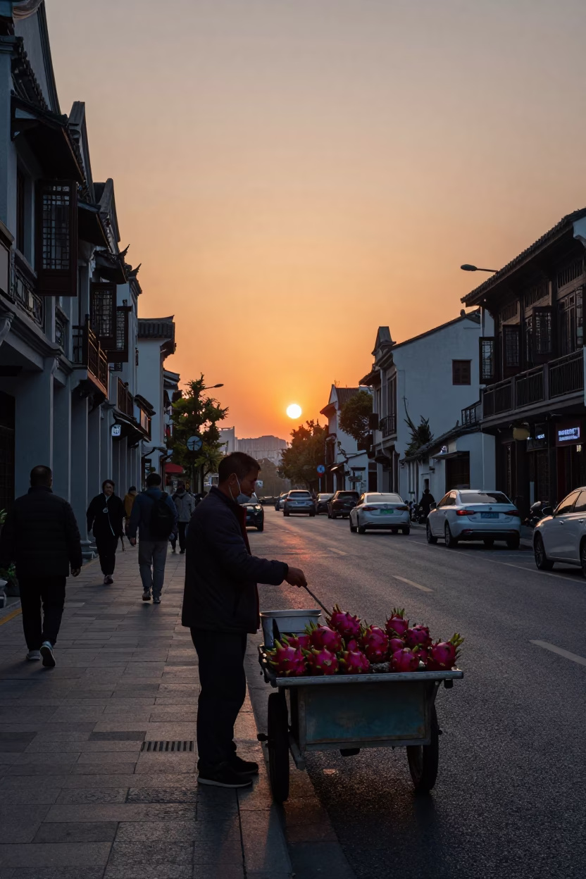 Shanghai street scene at dusk with dragon fruit vendor and traditional architecture in in Shanghai, China
