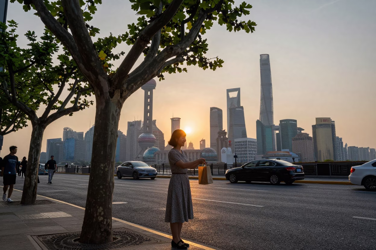Shanghai street scene at dusk with fig tree and local vendors in in Shanghai, China