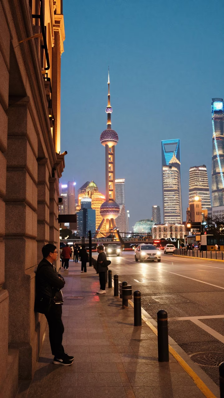 Shanghai street scene at dusk with glowing city lights and everyday objects in in Shanghai, China