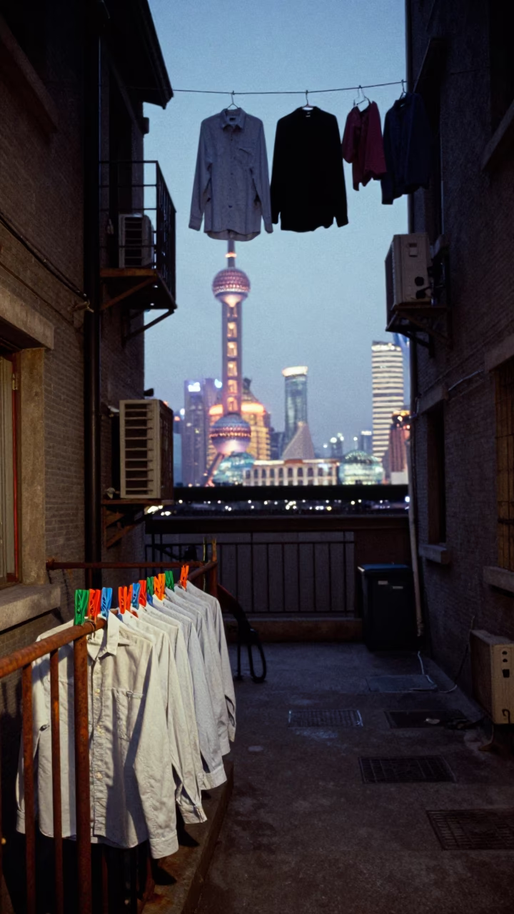 Shanghai street scene at dusk with hanging laundry and glowing city lights in in Shanghai, China