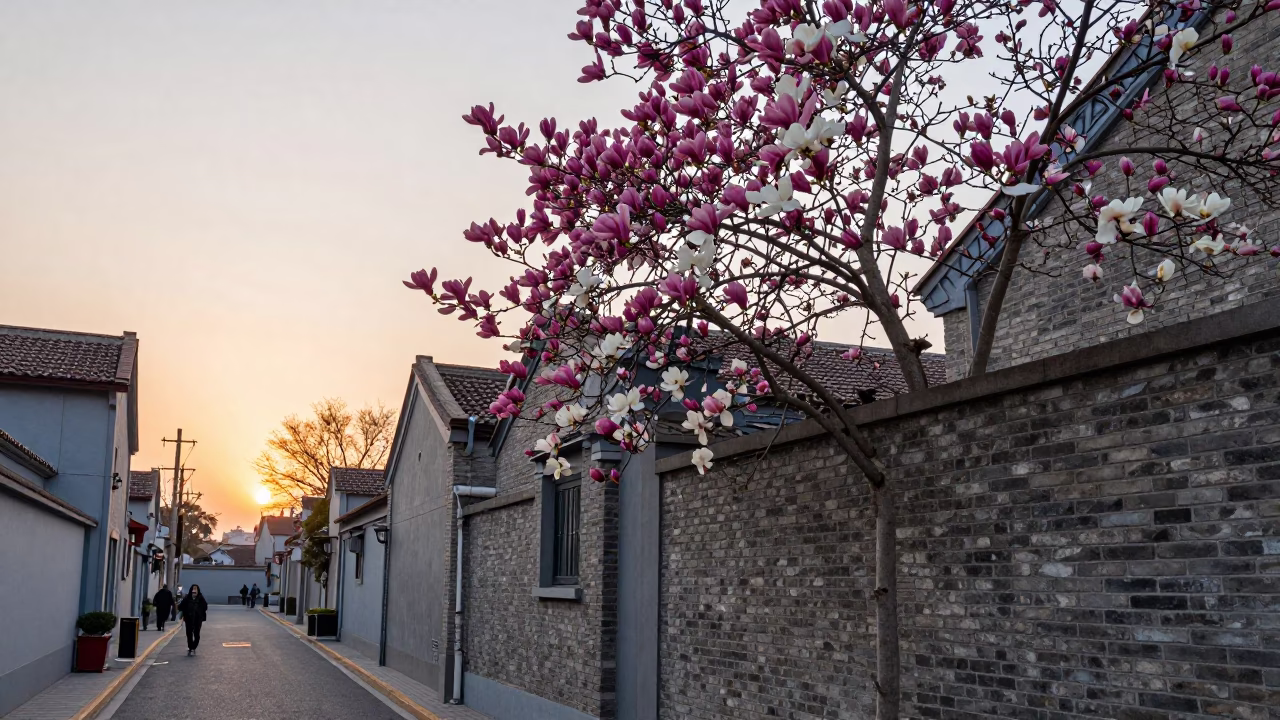 Shanghai Street Scene at Dusk with Magnolia Blooms and Local Market Activity in in Shanghai, China
