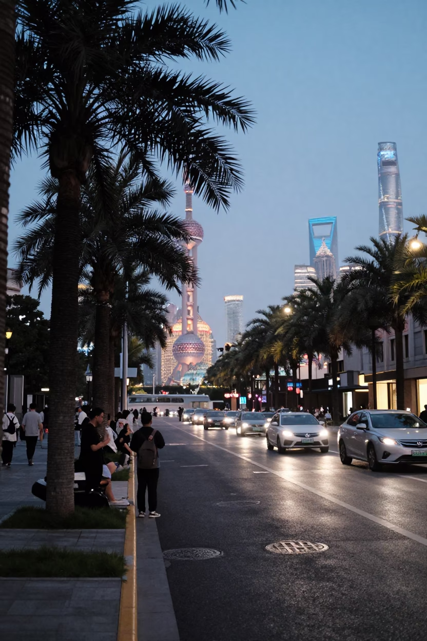 Shanghai street scene at dusk with palm tree avenue and bustling city lights in in Shanghai, China