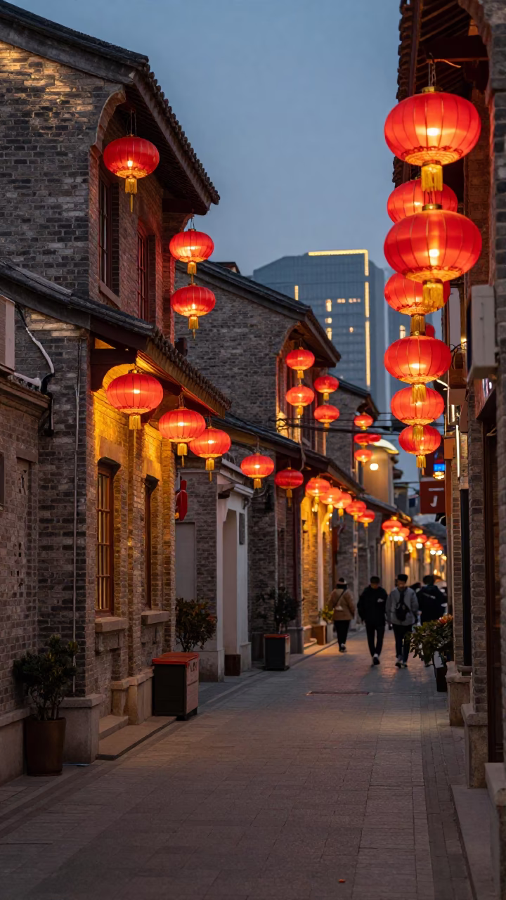 Shanghai Street Scene at Dusk with Red Lanterns and Traditional Architecture in in Shanghai, China