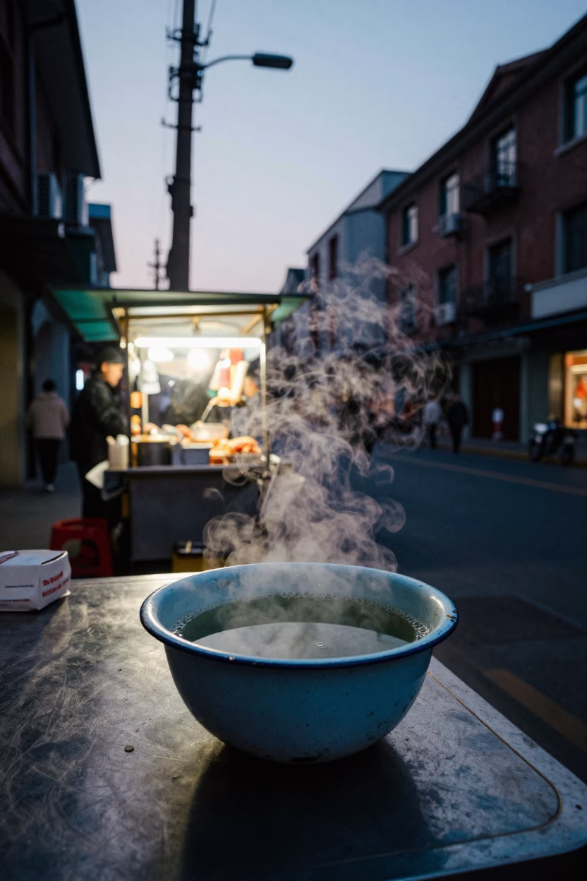 Shanghai Street Scene at Dusk with Steaming Genmaicha Tea and Chipped Blue Enamel Bowl in in Shanghai, China