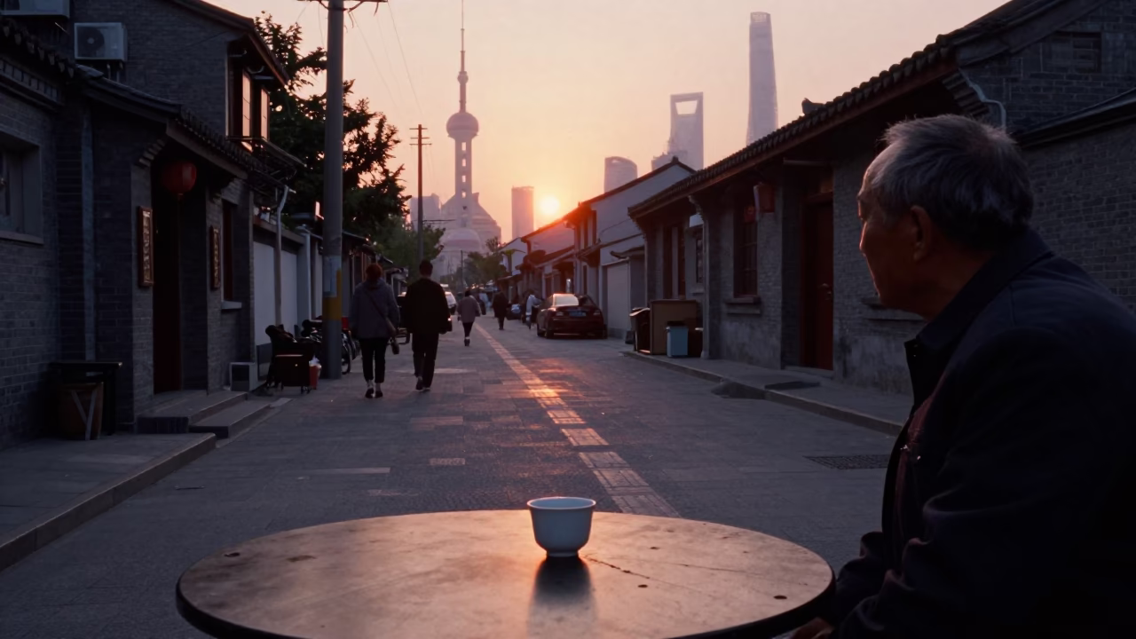 Shanghai Street Scene at Dusk with Traditional Tea Setup and Urban Backdrop in in Shanghai, China