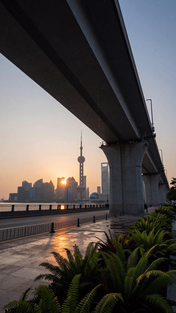 Shanghai Street Scene at Dusk with Viaduct Arch and Local Life in in Shanghai, China