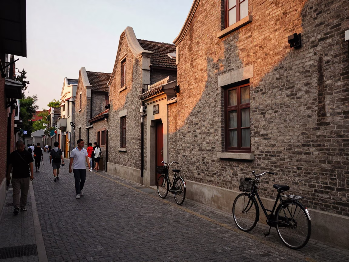 Shanghai street scene at dusk with vintage bicycles and local dining culture in in Shanghai, China