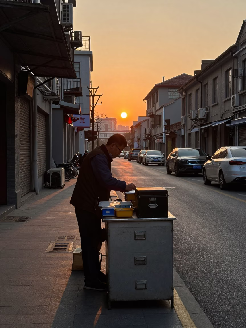Shanghai Street Scene at Dusk with Vintage File Box and Handkerchief in in Shanghai, China