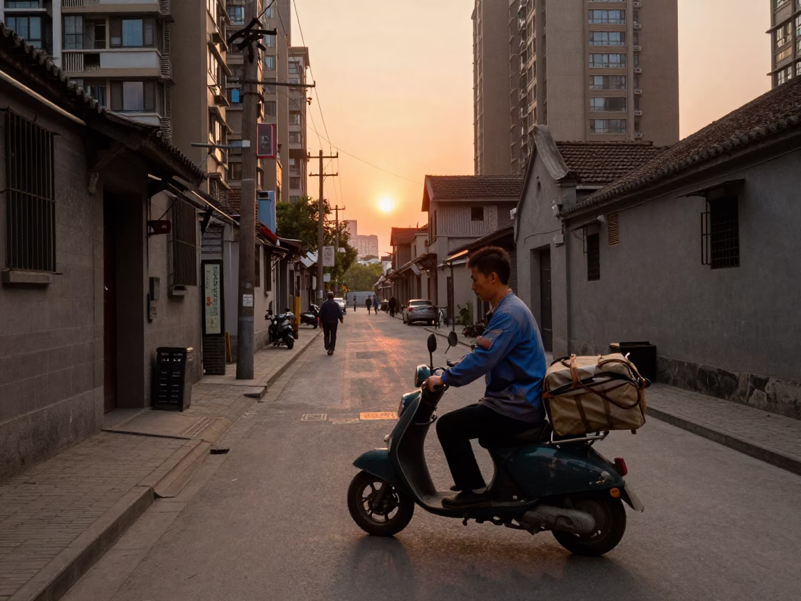 Shanghai Street Scene at Dusk with Vintage Scooter and Hanging Laundry in in Shanghai, China