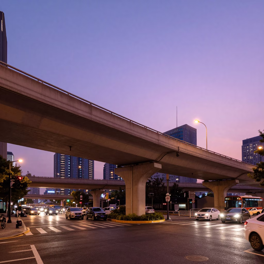 Shanghai street scene at dusk with violet sky and wet pavement reflections in in Shanghai, China
