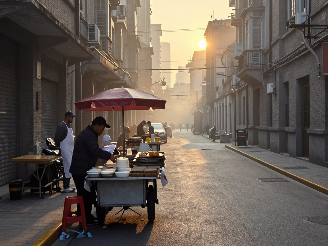 Shanghai Street Scene at First Light Of Dawn in in Shanghai, China