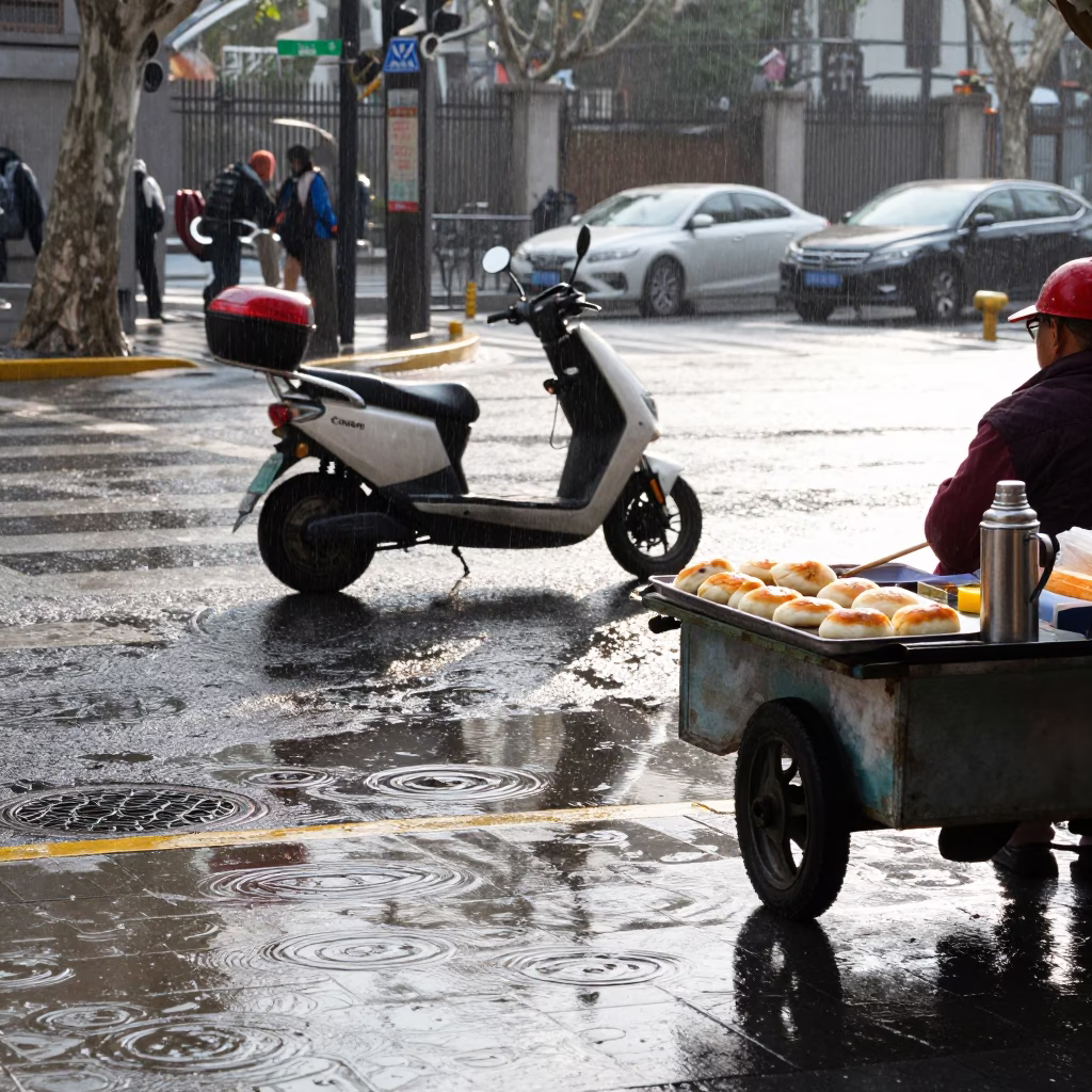 Shanghai Street Scene at Late Morning Light in in Shanghai, China