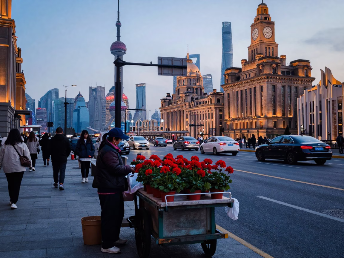 Shanghai Street Scene at Nautical Dawn Light in in Shanghai, China