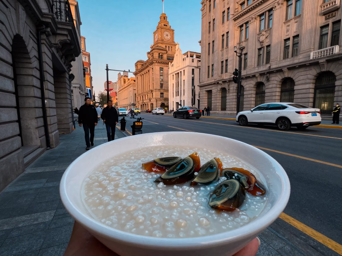 Shanghai Street Scene at Nautical Dawn with Century Egg Congee Vendor in in Shanghai, China