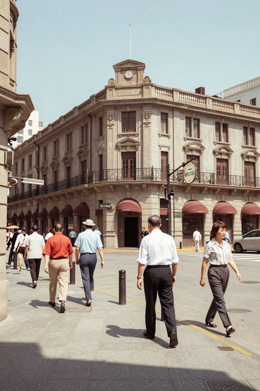 Shanghai Street Scene at Noon with Vintage 1950s Atmosphere and Local Life in in Shanghai, China