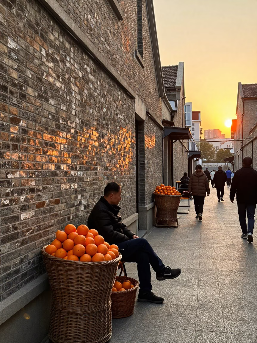 Shanghai street scene at sunset with oranges and wicker chair shadows in in Shanghai, China