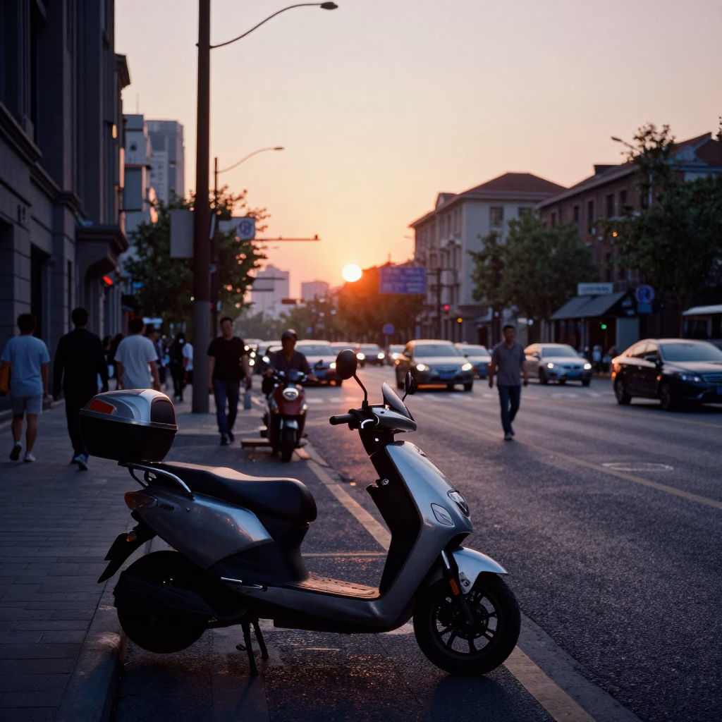 Shanghai street scene at sunset with parked scooter and bustling urban life in in Shanghai, China