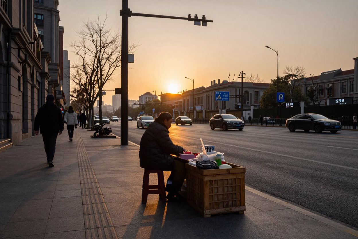 Shanghai Street Scene at Sunset with Vendor and Crate in in Shanghai, China