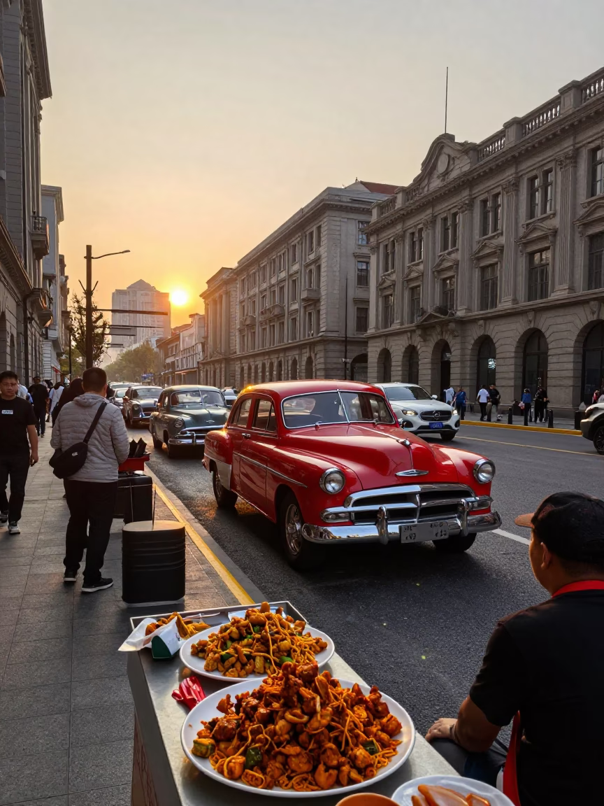 Shanghai Street Scene at Sunset with Vintage Cars and Local Life in in Shanghai, China