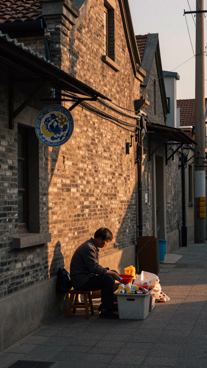 Shanghai street scene at sunset with vintage majolica plate and sewing tools in in Shanghai, China